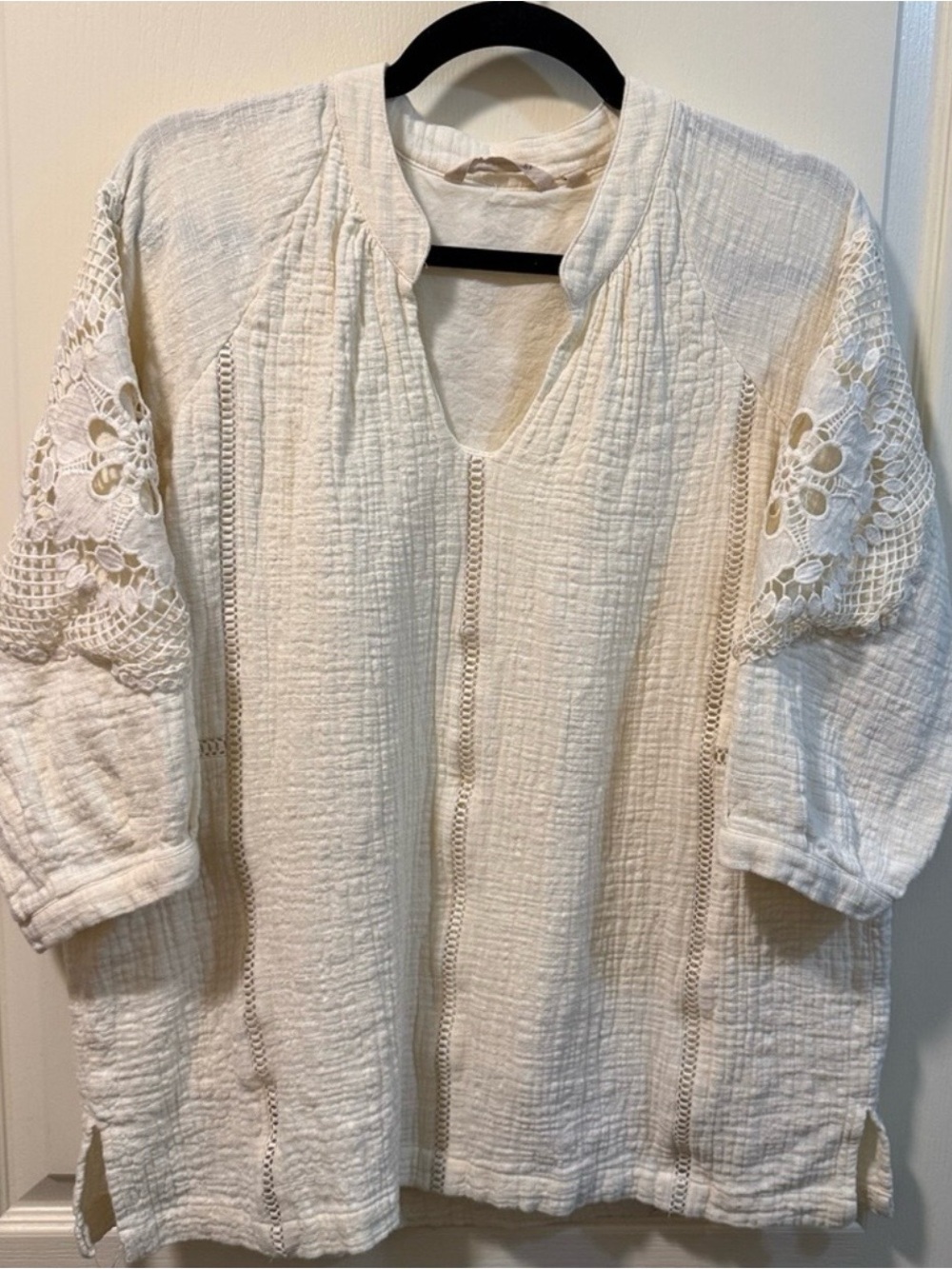 Soft Surroundings Women's Cream Gauze Peasant Top with Crochet Sleeves Size XL